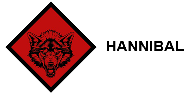 Red square with black outline and wolf head inside. It is labeled "Hannibal".