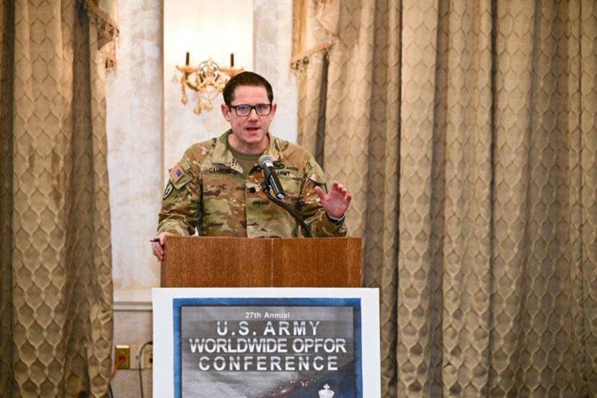 Lt Col Gambone addressing a crowd at the U.S. Army Worldwide OPFOR Conference