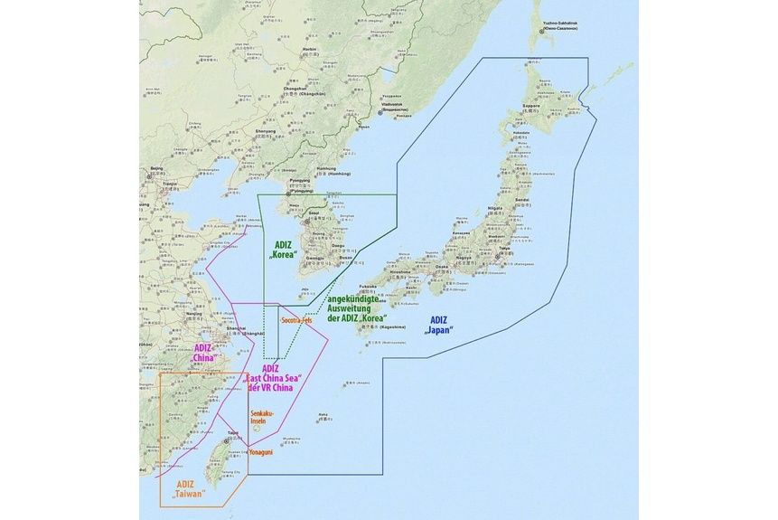 Hurst 01 The East China Sea. The pink line represents the both the regular Chinese ADIZ and the ECS ADIZ