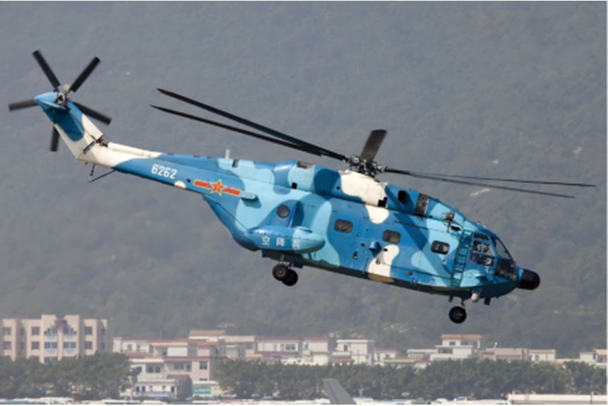 PLAAF Airborne Z 8 Helicopter says airborne in white over the wheels