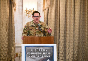 Lt Col Gambone addressing a crowd at the U.S. Army Worldwide OPFOR Conference